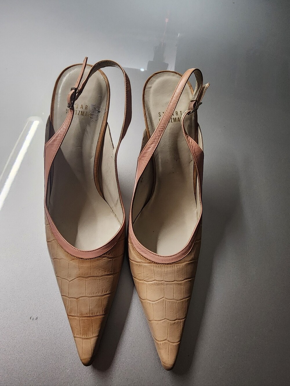 Stuart Weitzman Croc-Embossed Pointed Slingback Pumps in Beige and Pink